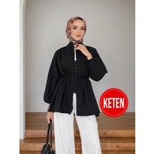 Moonsc Kadın Rahat Kalıp Nervürlü Siyah Keten Tesettür Gömlek