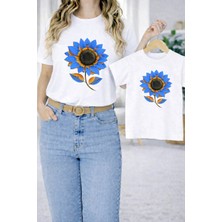 Vodexa Anne Ünisex Çocuk Kombin Oversize Tişört Twin T-Shirt Mavi Çiçekler Baskılı