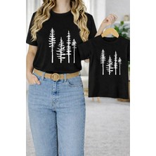 Vodexa Anne Ünisex Çocuk Kombin Oversize Tişört Twin T-Shirt Çam Agaçları Baskılı Tekli