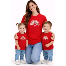 Vodexa Anne Ünisex Çocuk Kombin Oversize Tişört Twin T-Shirt Renkli Çizgiler Baskılı