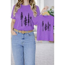 Vodexa Anne Ünisex Çocuk Kombin Oversize Tişört Twin T-Shirt Çam Agaçları Baskılı Tekli