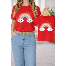 Vodexa Anne Ünisex Çocuk Kombin Oversize Tişört Twin T-Shirt Gülen Bulut Baskılı