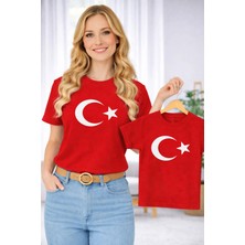 Vodexa Anne Ünisex Çocuk Kombin Oversize Tişört Twin T-Shirt Anne Cocuk Türk Bayrak Baskılı