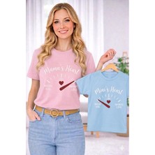 Vodexa Anne Ünisex Çocuk Kombin Oversize Tişört Twin T-Shirt Anne Cocuk Mamas Heart Baskılı