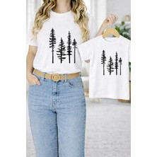 Vodexa Anne Ünisex Çocuk Kombin Oversize Tişört Twin T-Shirt Çam Agaçları Baskılı Tekli
