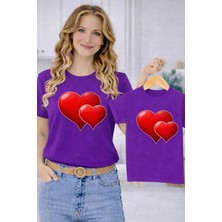 Vodexa Anne Ünisex Çocuk Kombin Oversize Tişört Twin T-Shirt Yapışık Kalpler Baskılı
