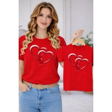 Vodexa Anne Ünisex Çocuk Kombin Oversize Tişört Twin T-Shirt Ikili Kalp Baskılı