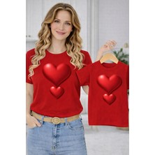 Vodexa Anne Ünisex Çocuk Kombin Oversize Tişört Twin T-Shirt Çift Kalp Baskılı