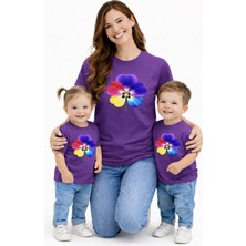 Vodexa Anne Ünisex Çocuk Kombin Oversize Tişört Twin T-Shirt Renkli Çiçek Baskılı