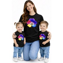 Vodexa Anne Ünisex Çocuk Kombin Oversize Tişört Twin T-Shirt Renkli Çiçek Baskılı