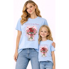 Vodexa Anne Kız Çocuk Kombin Oversize Tişört – Anne & Çocuk Twin T-Shirt Çiçekli Kız Baskılı