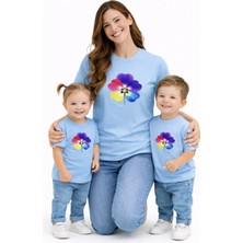 Vodexa Anne Ünisex Çocuk Kombin Oversize Tişört Twin T-Shirt Renkli Çiçek Baskılı