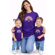 Vodexa Anne Ünisex Çocuk Kombin Oversize Tişört Twin T-Shirt Renkli Çizgiler Baskılı
