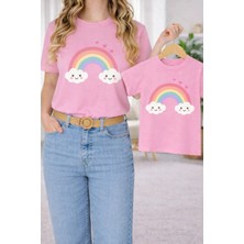 Vodexa Anne Ünisex Çocuk Kombin Oversize Tişört Twin T-Shirt Gülen Bulut Baskılı
