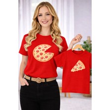 Vodexa Anne Ünisex Çocuk Kombin Oversize Tişört Twin T-Shirt Anne Cocuk Pizza Dilimi Baskılı