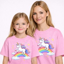 Vodexa Anne Kız Çocuk Kombin Oversize Tişört – Anne Çocuk Twin T-Shirt Unicorn Baskılı