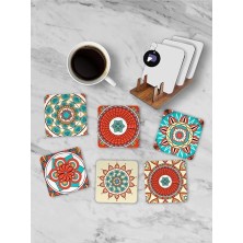 Kazan Hobi PSTER21257 Etnik Mandala Desenli Standlı Ahşap Bardak Altlığı Seti, 6 Adet