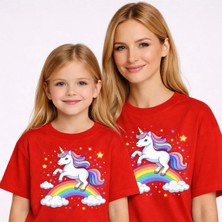 Vodexa Anne Kız Çocuk Kombin Oversize Tişört – Anne Çocuk Twin T-Shirt Unicorn Baskılı