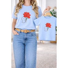 Vodexa Anne Kız Çocuk Kombin Oversize Tişört – Anne Çocuk Twin T-Shirt Kalpli Ayıcık Baskılı