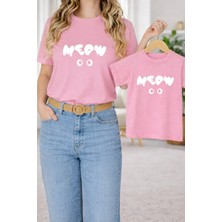 Vodexa Anne Kızerkek Ünisex Çocuk Kombin Oversize Anne Çocuk Twin T-Shirt White Meow Baskılı