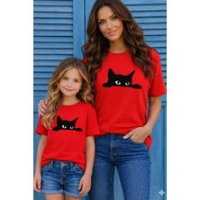 Vodexa Anne Ünisex Çocuk Kombin Oversize Tişört Twin T-Shirt Anne Cocuk Kara Kedi Baskılı Tekli