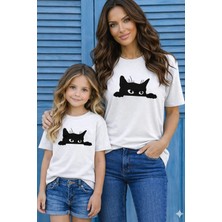 Vodexa Anne Ünisex Çocuk Kombin Oversize Tişört Twin T-Shirt Anne Cocuk Kara Kedi Baskılı Tekli