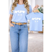 Vodexa Anne Kızerkek Ünisex Çocuk Kombin Oversize Anne Çocuk Twin T-Shirt White Meow Baskılı