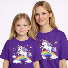 Vodexa Anne Kız Çocuk Kombin Oversize Tişört – Anne Çocuk Twin T-Shirt Unicorn Baskılı