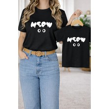 Vodexa Anne Kızerkek Ünisex Çocuk Kombin Oversize Anne Çocuk Twin T-Shirt White Meow Baskılı