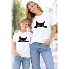 Vodexa Anne Erkek Çocuk Kombin Oversize Tişört Twin T-Shirt Anne Cocuk Siyah Kedi Baskılı