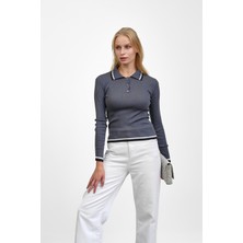 İmaj Butik Füme Fitilli Polo Yaka Çizgili Triko Body Kazak