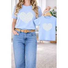 Vodexa Anne Kız Çocuk Kombin Oversize Tişört – Anne & Çocuk Twin T-Shirt Çiçek Kalp Baskılı
