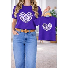 Vodexa Anne Kız Çocuk Kombin Oversize Tişört – Anne & Çocuk Twin T-Shirt Çiçek Kalp Baskılı