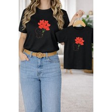 Vodexa Anne Kız Çocuk Kombin Oversize Tişört – Anne Çocuk Twin T-Shirt Kalpli Ayıcık Baskılı