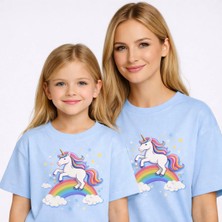 Vodexa Anne Kız Çocuk Kombin Oversize Tişört – Anne Çocuk Twin T-Shirt Unicorn Baskılı