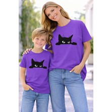 Vodexa Anne Erkek Çocuk Kombin Oversize Tişört Twin T-Shirt Anne Cocuk Siyah Kedi Baskılı
