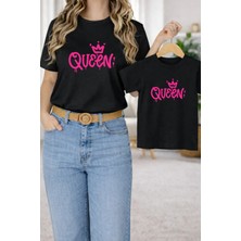 Vodexa Anne Kız Çocuk Kombin Oversize Tişört – Anne & Çocuk Twin T-Shirt Pink Queen Baskılı