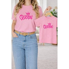 Vodexa Anne Kız Çocuk Kombin Oversize Tişört – Anne & Çocuk Twin T-Shirt Pink Queen Baskılı