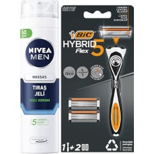 Kazan Hobi Hassas Tıraş Jeli 200 ml + Hybrid 5 Flex Erkek Tıraş Bıçağı 1 Sap ve 2 Yedek Başlık (5 Bıçak)
