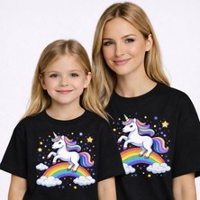 Vodexa Anne Kız Çocuk Kombin Oversize Tişört – Anne Çocuk Twin T-Shirt Unicorn Baskılı