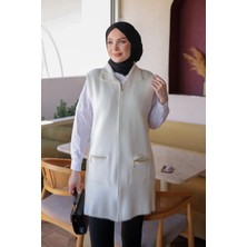 İmaj Butik Ekru Fermuarlı Angora Yumoş Triko Yelek