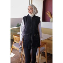 İmaj Butik Siyah Fermuarlı Angora Yumoş Triko Yelek