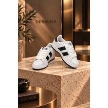 Derikaya Kadın Beyaz Siyah Bağcıklı Düz Taban Günlük Sneaker Spor Ayakkabı