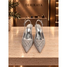 Derikaya Kadın Gri Bantlı Ince Topuklu Şık Abiye Ayakkabı 5-9 cm