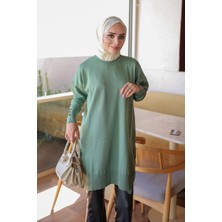 İmaj Butik Mint Yeşili Kol Düğmeli Soğuk Iplik Triko Tunik