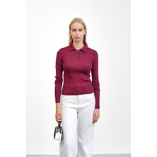 İmaj Butik Bordo Fitilli Polo Yaka Triko Body Kazak