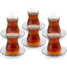 Kazan Hobi 12 Parça Çay Seti - 6 Adet Fitil Desenli Cam Çay Bardağı ve 6 Adet Cam Çay Tabağı, Isıya Dayanıklı