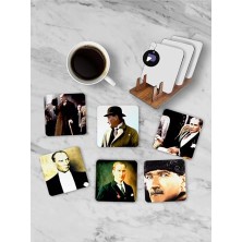 Kazan Hobi Bardak; (PSTER21275) Mustafa Kemal Atatürk Standlı Ahşap Altlığı Seti, 6 Adet Baskılı Bardak Fincan Kahve Altlığı