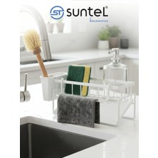 Suntel Tezgah Üstü Sıvı Sabunluk ve Beyaz Süngerlik Organizer + Plastik Hazne ve Sıvı Sabunluk ile Set