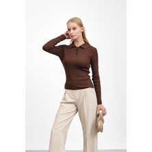 İmaj Butik Kahverengi Fitilli Polo Yaka Triko Body Kazak